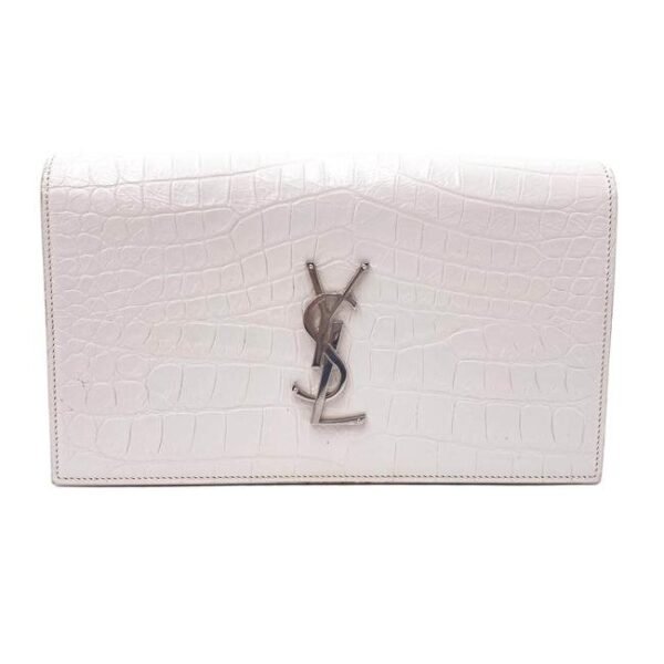 Saint Laurent Monogram Kate Calfskin Crocodile Embossed White Leather Clutch
