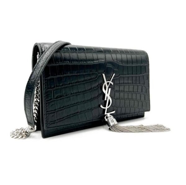 Saint Laurent Monogram Kate Chain Wallet Croc Embossed Monogram Tassel Black Calfskin Leather Shoulder Bag