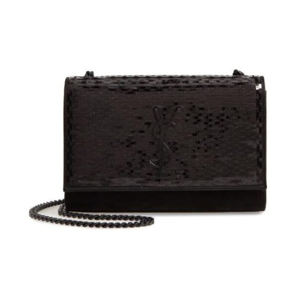 Saint Laurent Monogram Kate Crossbody Paillette Embellished Black Suede Leather Shoulder Bag