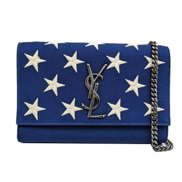 Saint Laurent Monogram Kate Embroidered Stars Small Satchel Bianco Blue Canvas Shoulder Bag