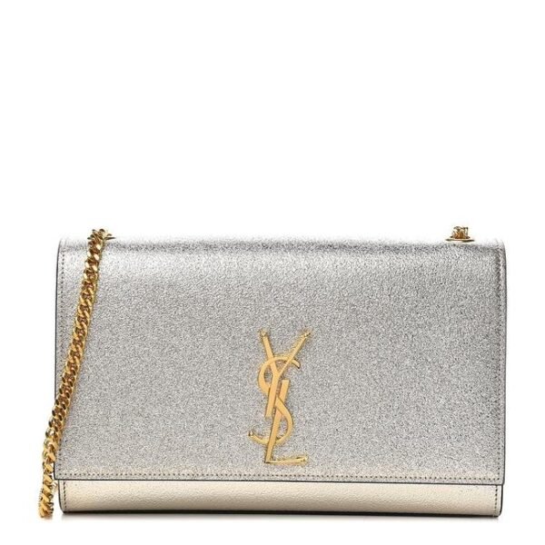 Saint Laurent Monogram Kate Metallic Calfskin Medium Classic Satchel Platine Silver Leather Shoulder Bag
