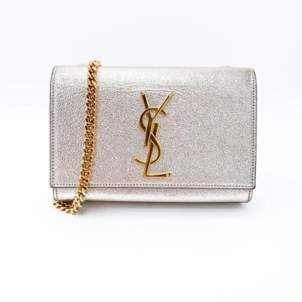 Saint Laurent Monogram Kate Metallic Calfskin Small Classic Satchel Pale Gold Silver Leather Shoulder Bag