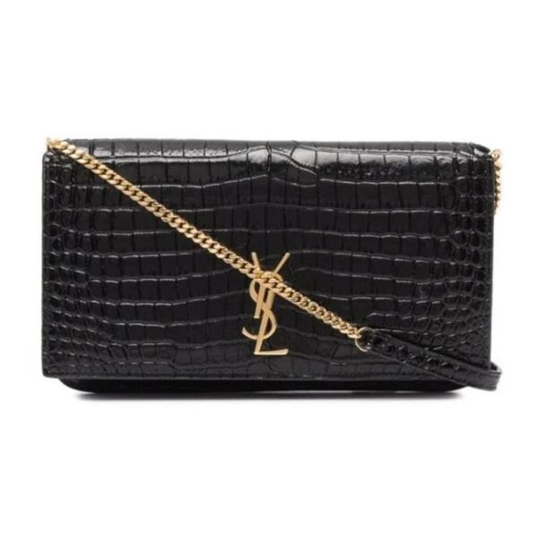 Saint Laurent Monogram Kate Monogram Croc-effect Phone Holder Black Leather Cross Body Bag