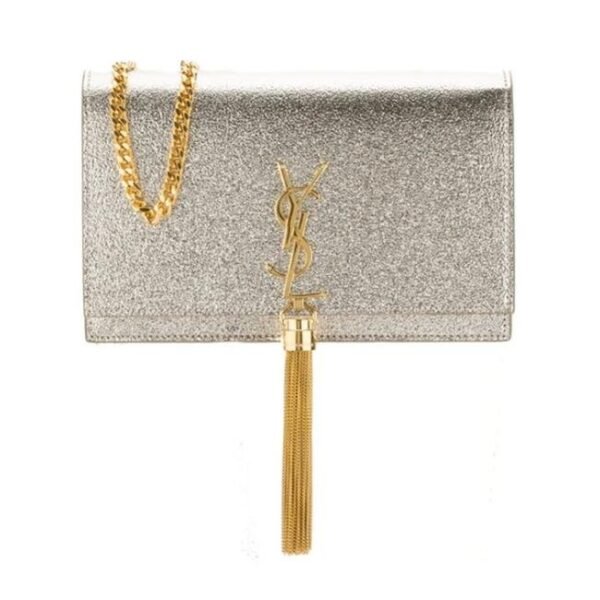 Saint Laurent Monogram Kate Pale Textured Grained Metallic Gold Leather Cross Body Bag