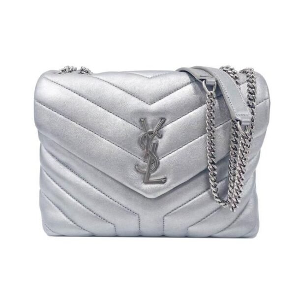 Saint Laurent Monogram Loulou Calfskin Y Quilted Monogram Small Chain Satchel Silver Leather Shoulder Bag