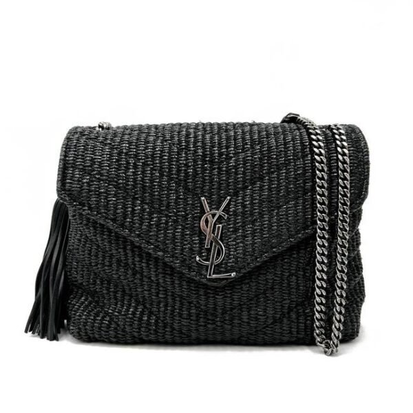 Saint Laurent Monogram Loulou Small Raffia Monogram Chain Tassel Black Leather Shoulder Bag