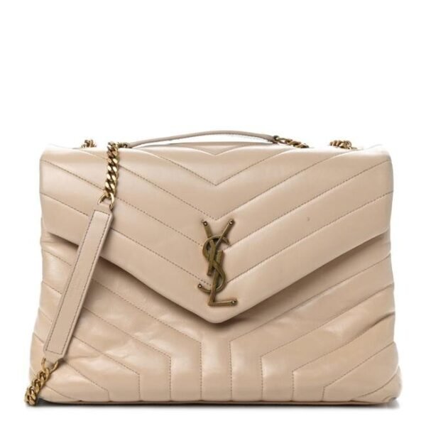 Saint Laurent Monogram Loulou Y Quilted Medium Chain Nude Powder Beige Calfskin Leather Satchel