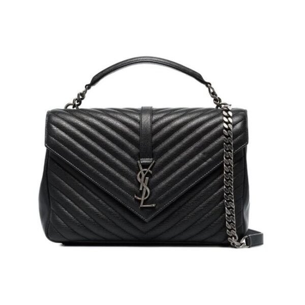 Saint Laurent Sheepskin Matelasse Chevron Monogram Large College Satchel Black Leather Shoulder Bag
