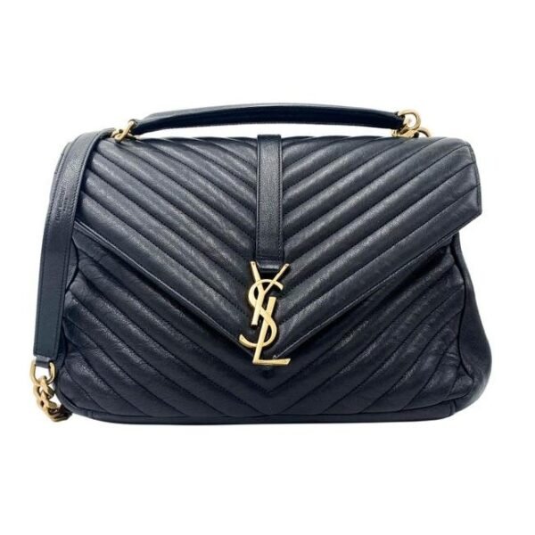 Saint Laurent Sheepskin Matelasse Chevron Monogram Large College Satchel Black Leather Shoulder Bag