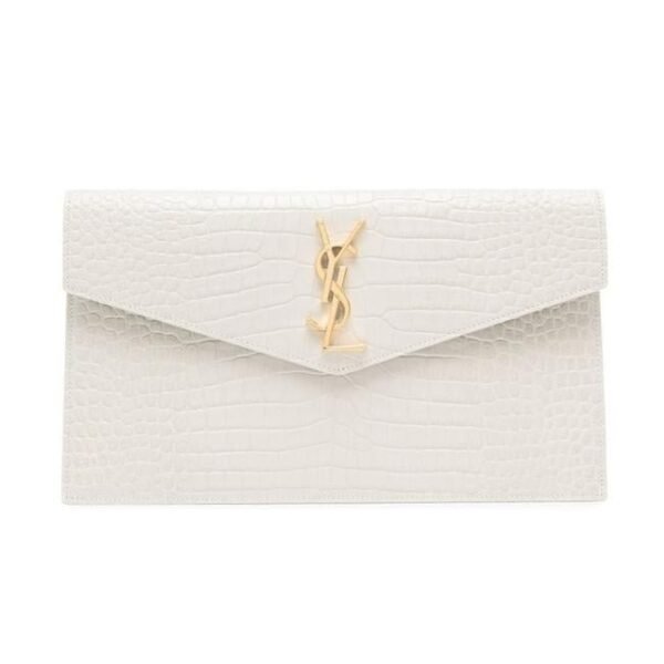 Saint Laurent Uptown Crocodile-embossed Pouch Monogram White Leather Clutch