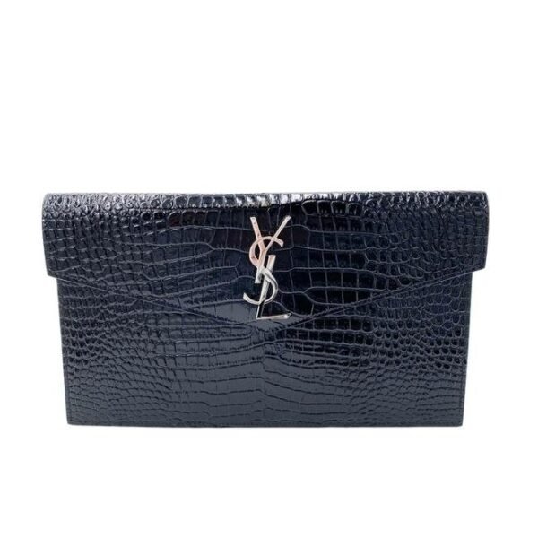 Saint Laurent Uptown Embossed Monogram Black Crocodile Skin Leather Clutch