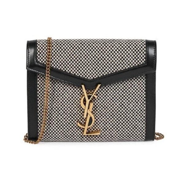 Saint Laurent Wallet on Chain Cassandre Ysl Checkered Black Tweed Cross Body Bag